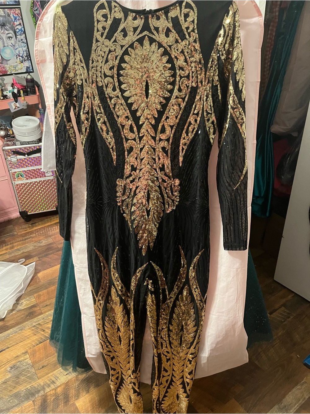 Black & Gold Embellished Long-Sleeve jumpsuit